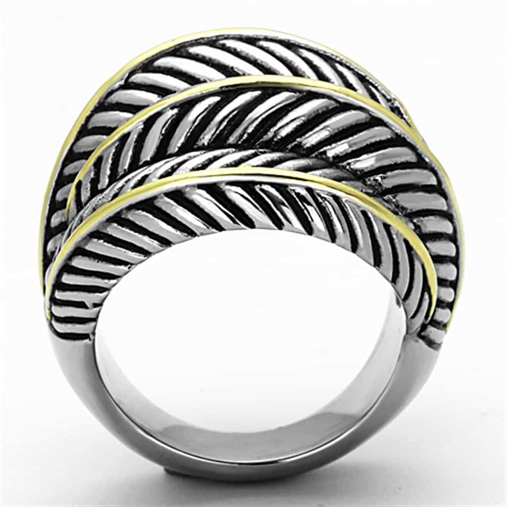Stainless Steel Two Tone Gold Silver Feather Wrap Dome Ring view 3