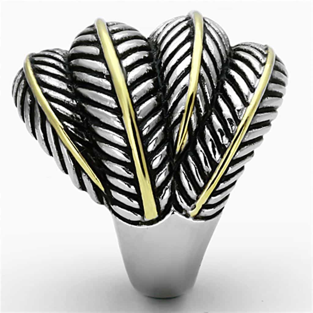 Stainless Steel Two Tone Gold Silver Feather Wrap Dome Ring view 4