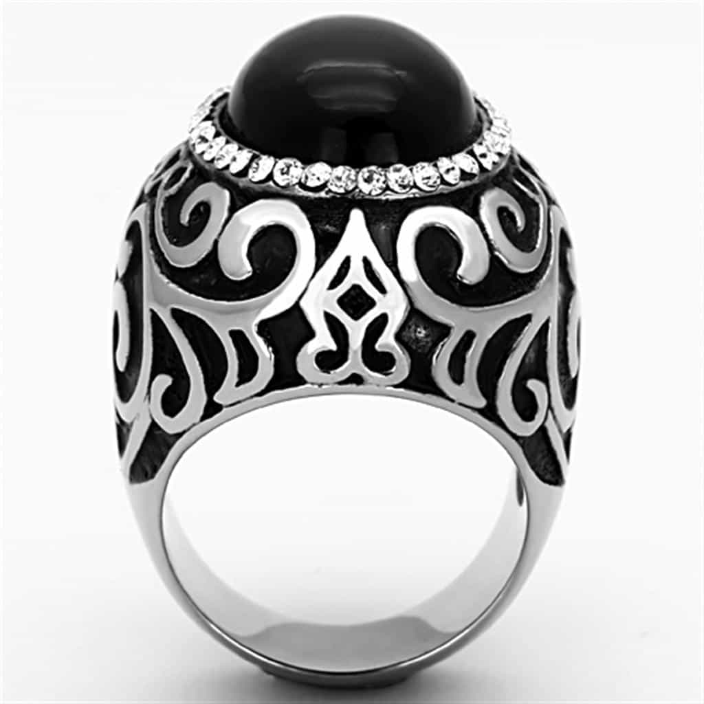Stainless Steel Black Onyx Oval Filigree Scroll Dome Ring view 3