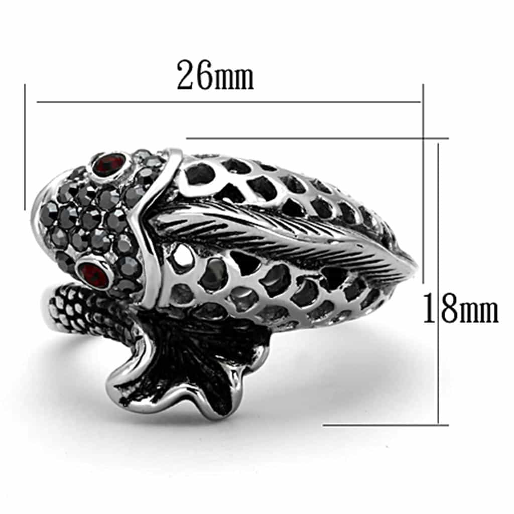 Stainless Steel Antiqued Skull Feather Wing Red CZ Ring view 2