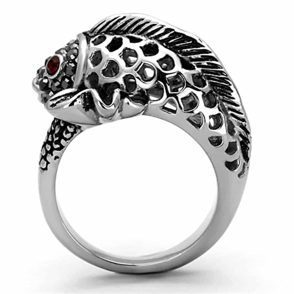 Stainless Steel Antiqued Skull Feather Wing Red CZ Ring view 3