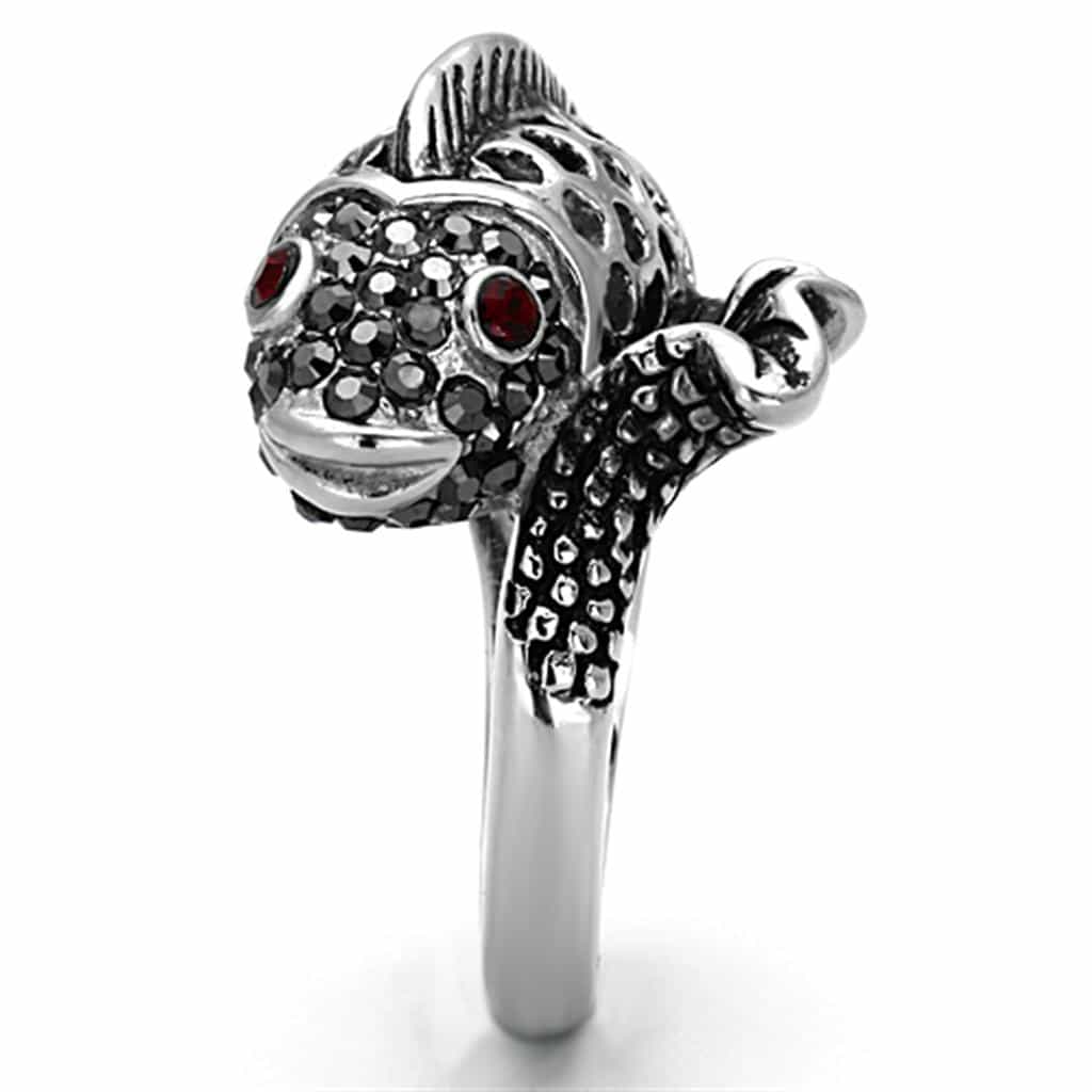Stainless Steel Antiqued Skull Feather Wing Red CZ Ring view 8
