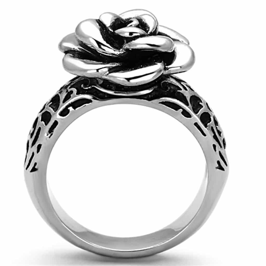 Stainless Steel Antiqued Rose Flower Filigree Dome Ring view 7