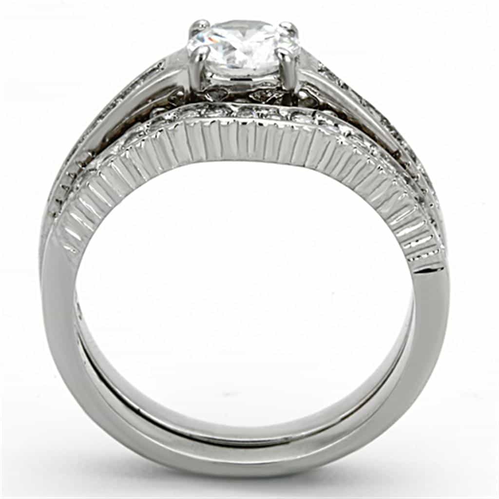 Stainless Steel CZ Round Halo Bridal Ring Set view 7