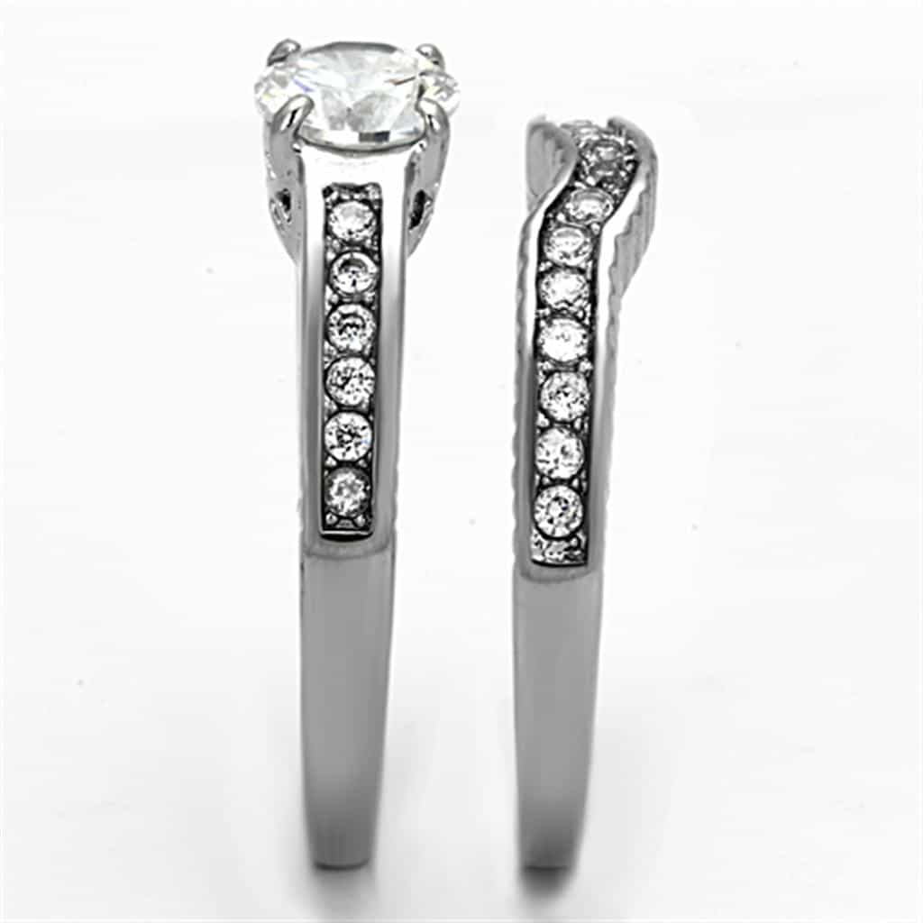 Stainless Steel CZ Round Halo Bridal Ring Set view 8