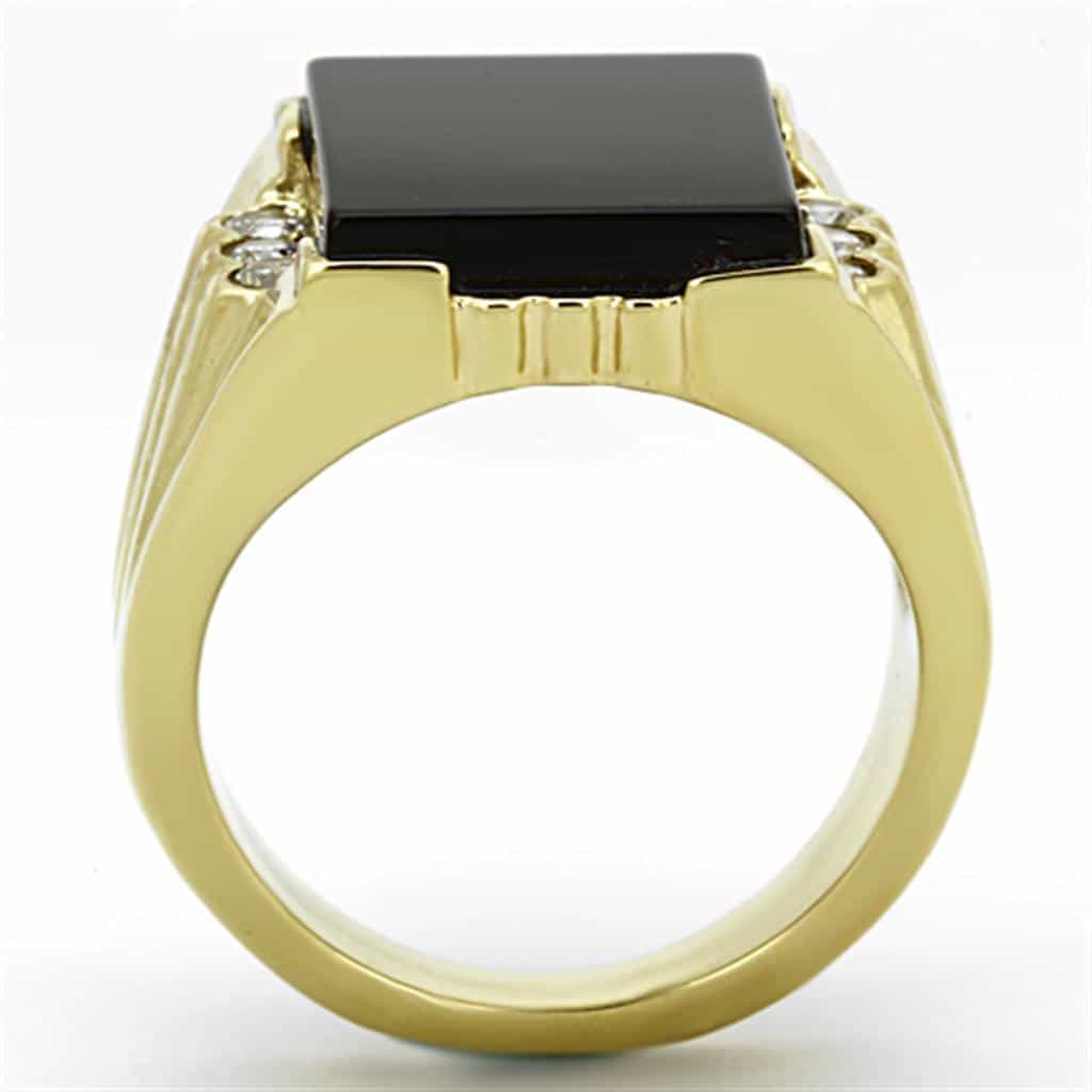 Stainless Steel Gold Black Onyx Rectangle CZ Mens Signet Ring view 7