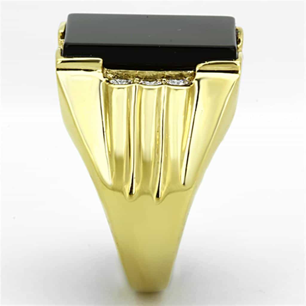 Stainless Steel Gold Black Onyx Rectangle CZ Mens Signet Ring view 4