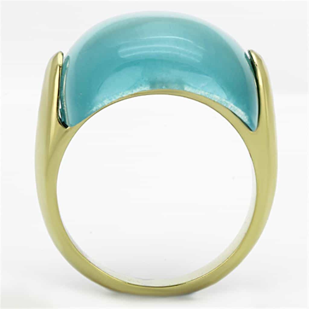 Stainless Steel Gold Aqua Cat Eye Cabochon Dome Ring view 7