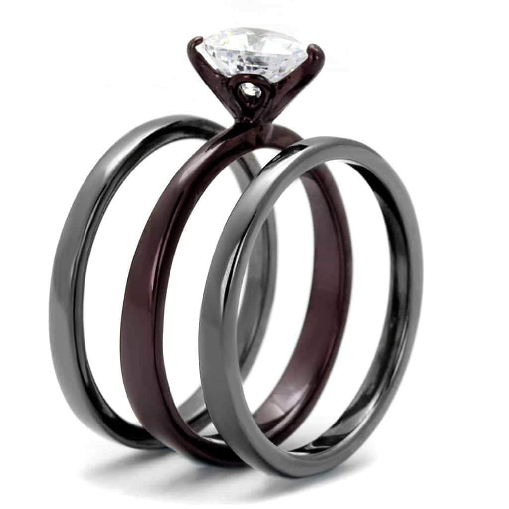 Stainless Steel Dark Tri Tone CZ Round Solitaire Stackable Ring view 4