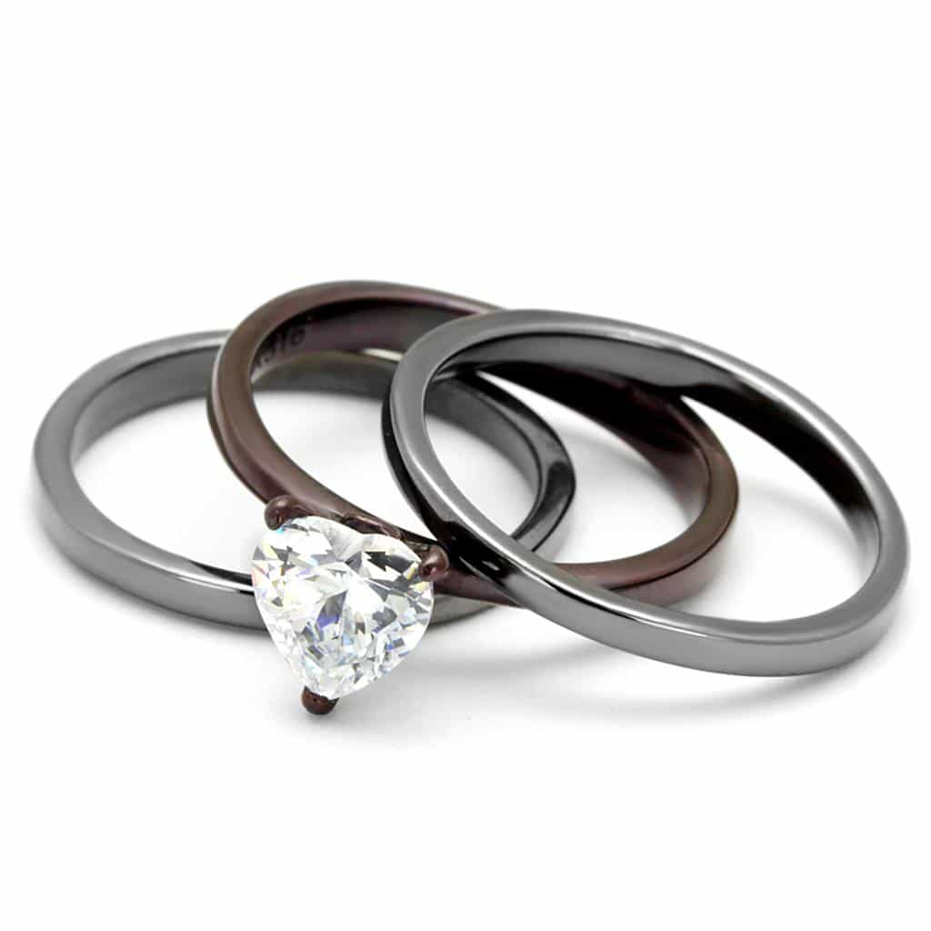 Stainless Steel Dark Tri Tone CZ Round Solitaire Stackable Ring view 10
