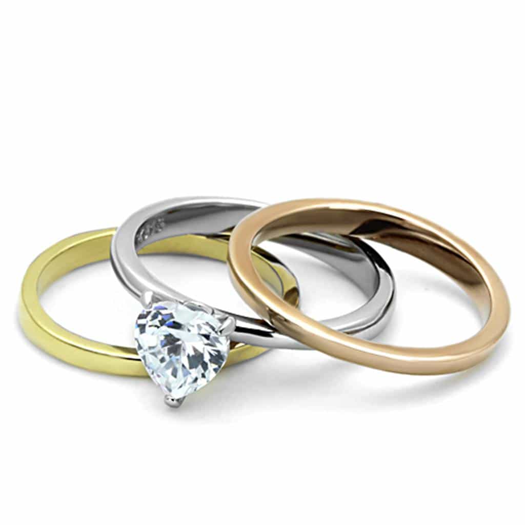Stainless Steel Tri Color CZ Heart Solitaire Stackable Set Ring view 6