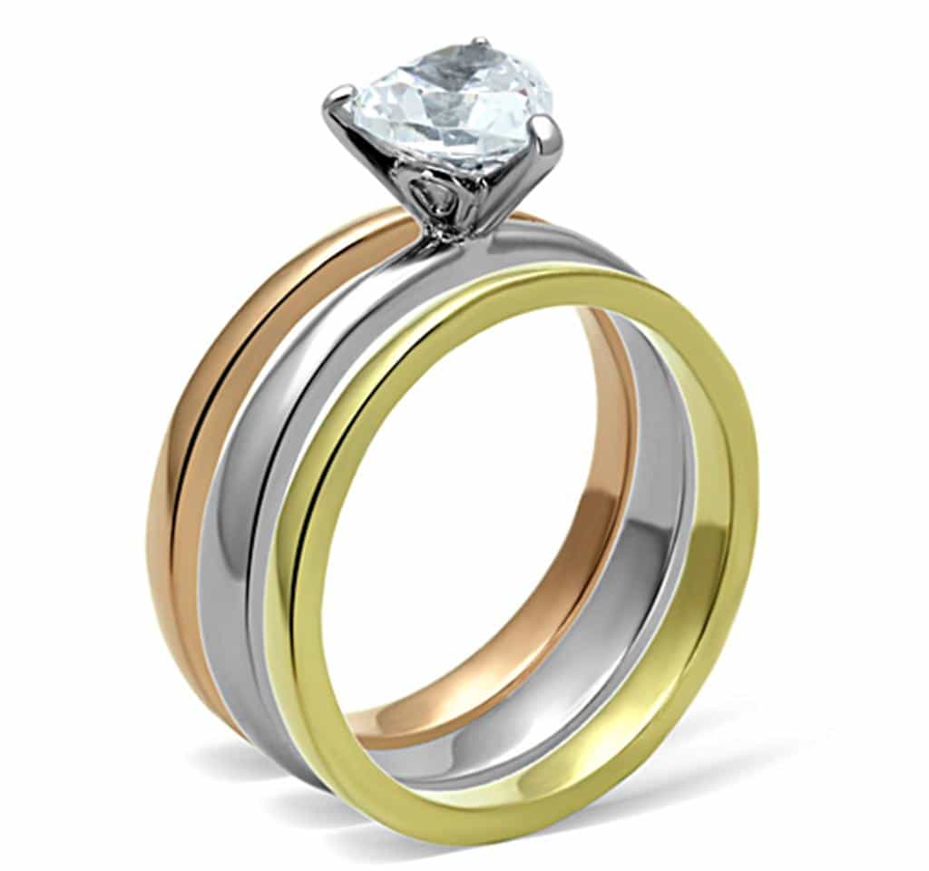 Stainless Steel Tri Color CZ Heart Solitaire Stackable Set Ring view 8