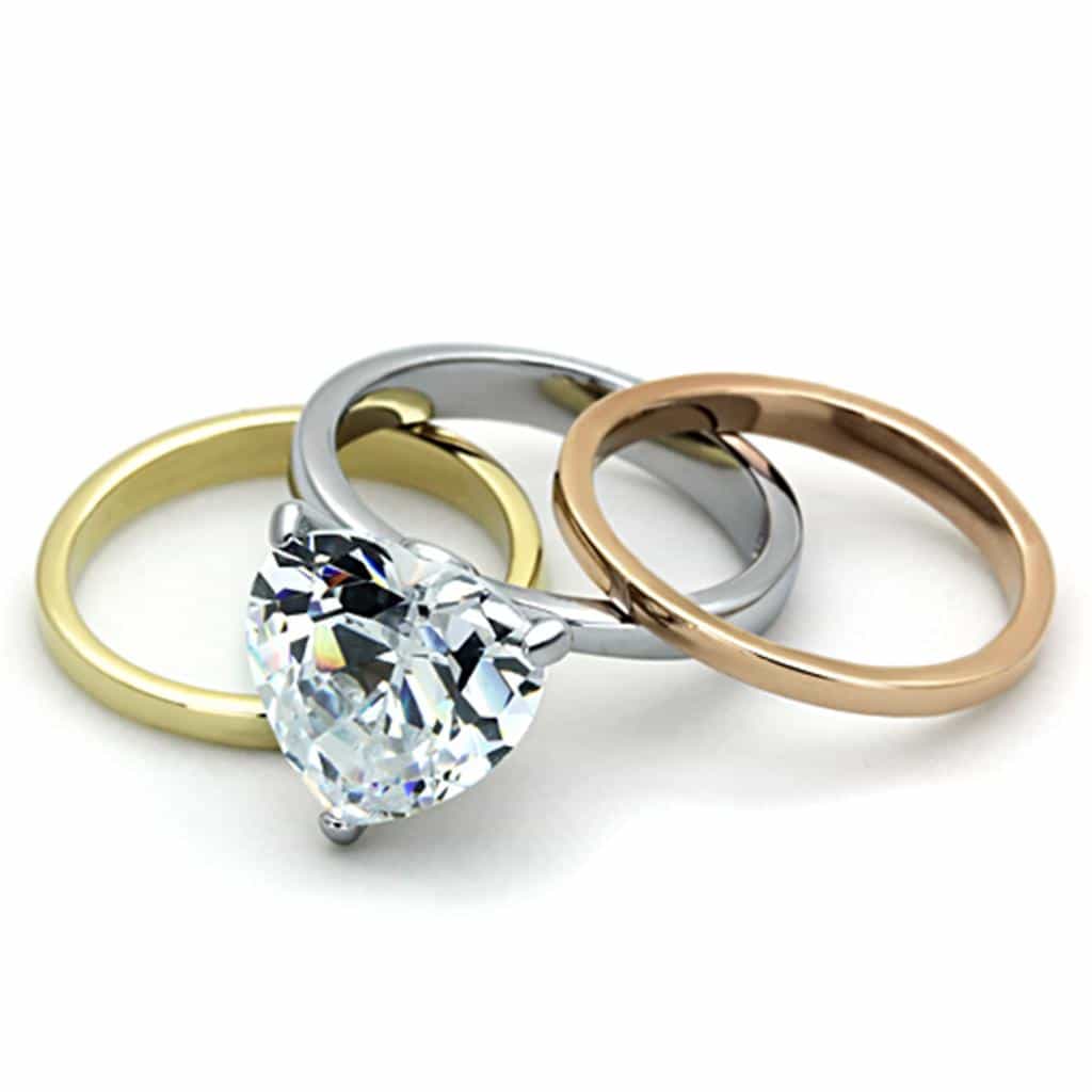 Stainless Steel Tri Color CZ Heart Solitaire Stackable Set Ring view 6