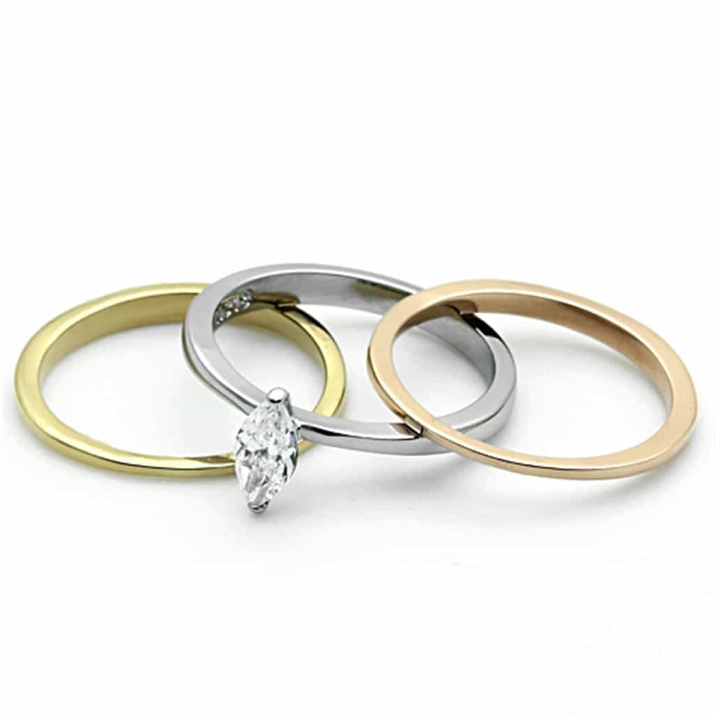 Stainless Steel Tri Color CZ Marquise Solitaire Stackable Ring view 6