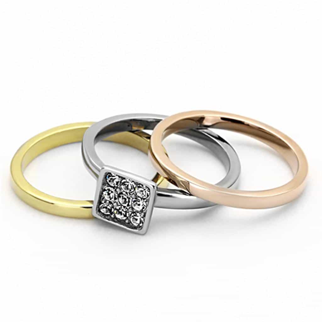 Stainless Steel Tri Color CZ Square Pave Stackable Set Ring view 6