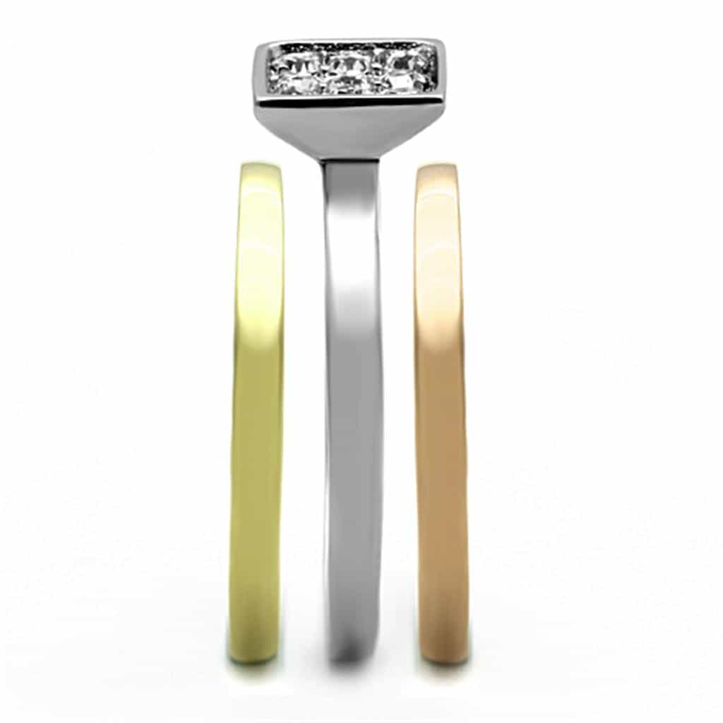 Stainless Steel Tri Color CZ Square Pave Stackable Set Ring view 8