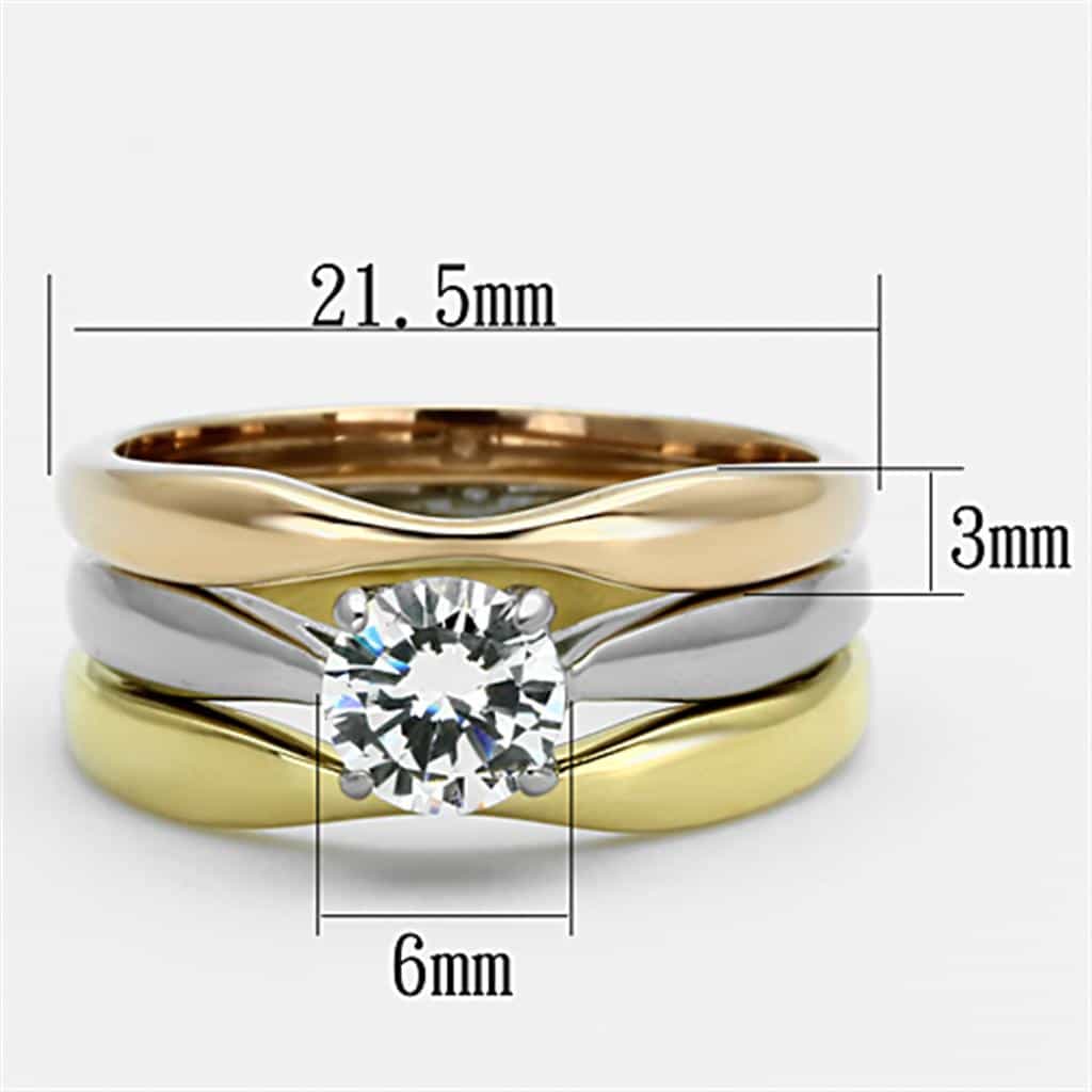Stainless Steel Tri Color CZ Round Solitaire Stackable Set Ring view 6