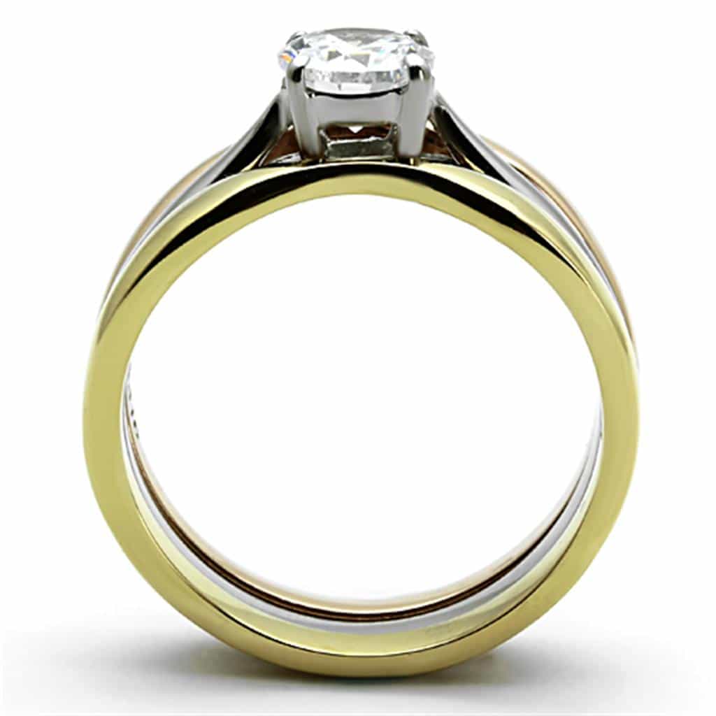Stainless Steel Tri Color CZ Round Solitaire Stackable Set Ring view 7