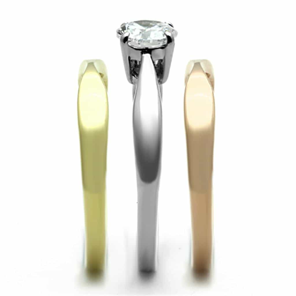 Stainless Steel Tri Color CZ Round Solitaire Stackable Set Ring view 4