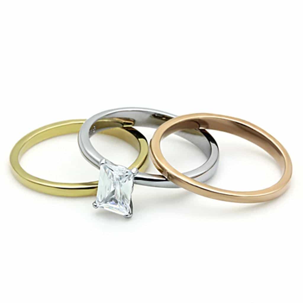 Stainless Steel Tri Color CZ Princess Solitaire Stackable Ring view 6