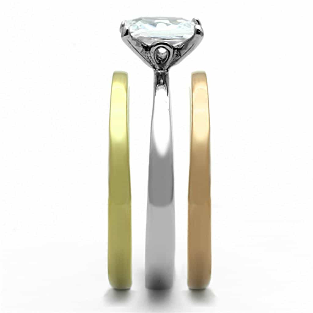 Stainless Steel Tri Color CZ Princess Solitaire Stackable Ring view 4