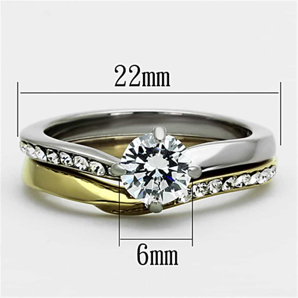 Stainless Steel Two Tone CZ Round Solitaire Pave Bridal Set Ring view 6