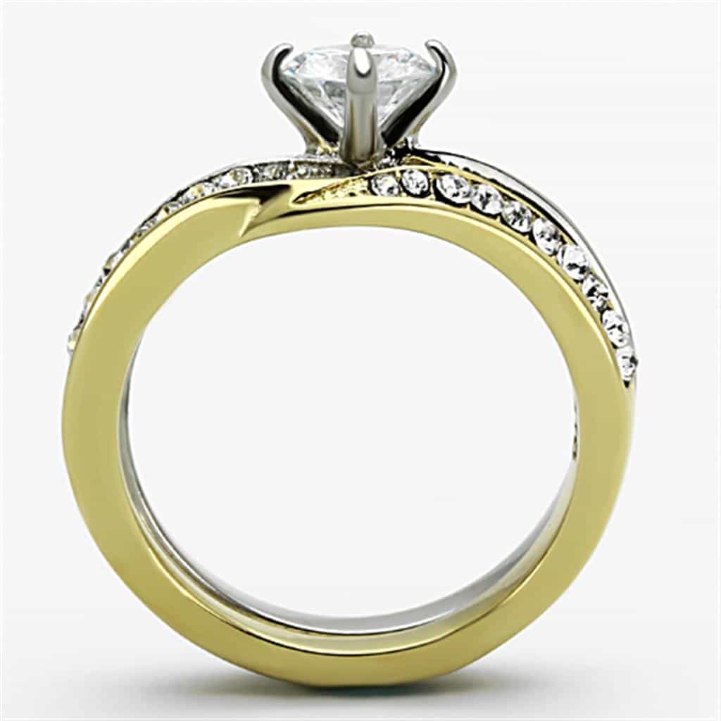 Stainless Steel Two Tone CZ Round Solitaire Pave Bridal Set Ring view 3