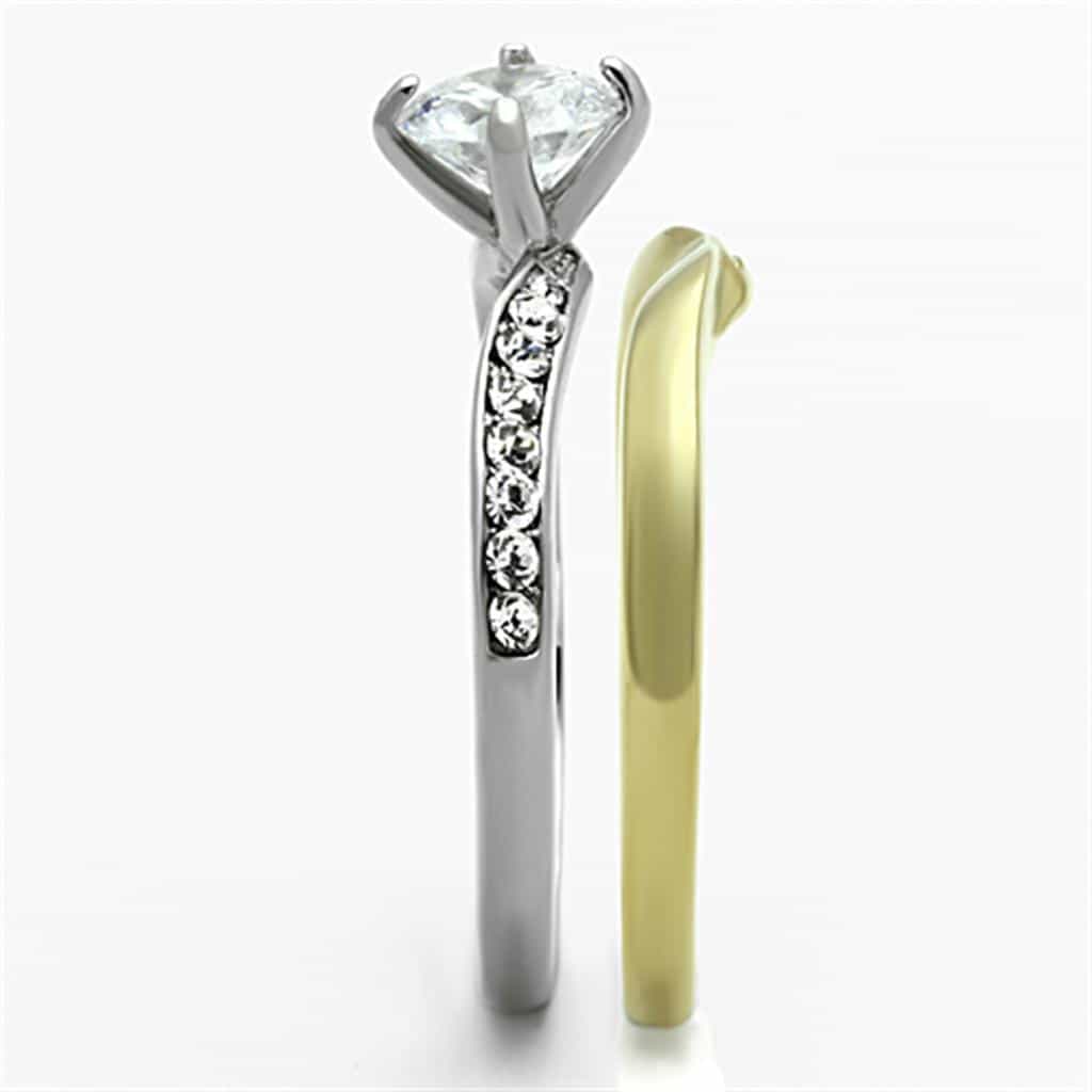 Stainless Steel Two Tone CZ Round Solitaire Pave Bridal Set Ring view 8