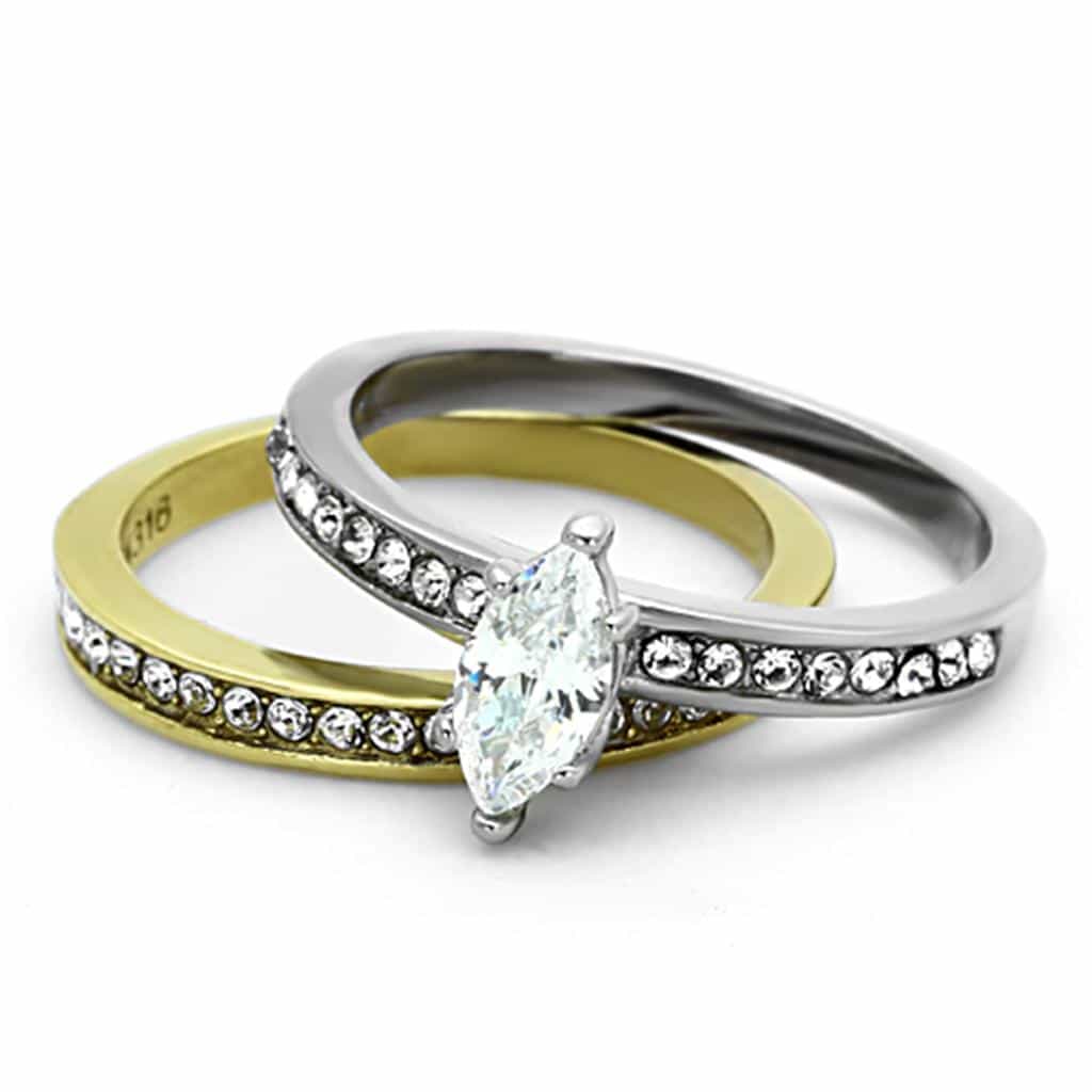 Stainless Steel Two Tone CZ Marquise Pave Channel Bridal Set Ring view 6