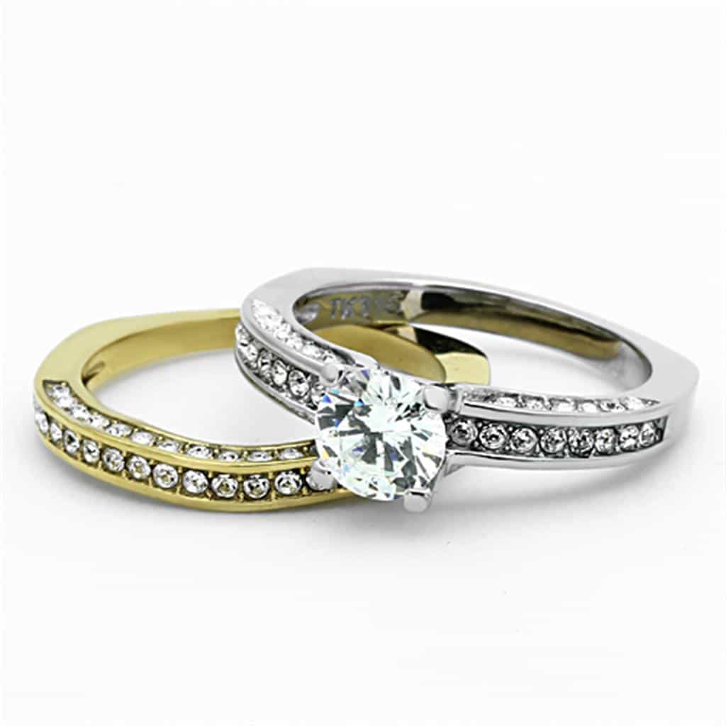 Stainless Steel Gold CZ Round Solitaire Triple Channel Ring view 2