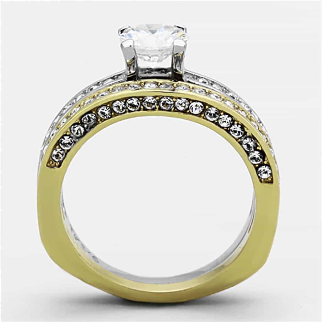 Stainless Steel Gold CZ Round Solitaire Triple Channel Ring view 7