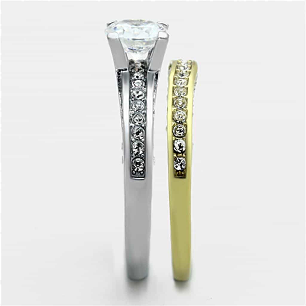Stainless Steel Gold CZ Round Solitaire Triple Channel Ring view 4