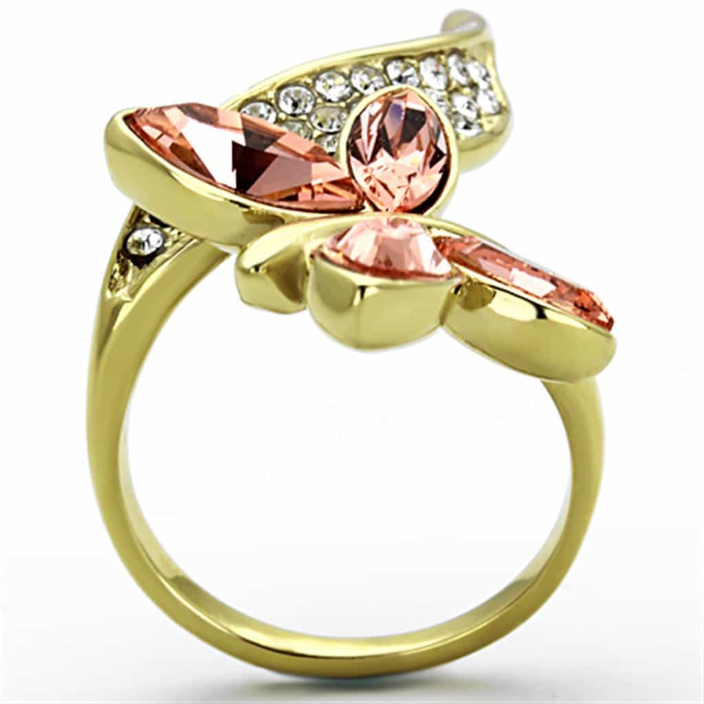 Stainless Steel Gold Champagne Crystal Leaf CZ Accent Ring view 7