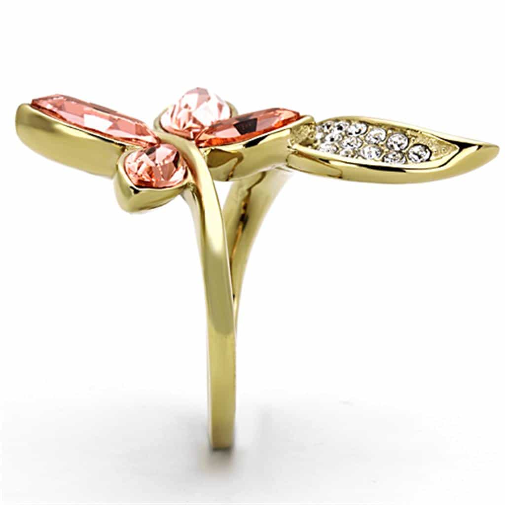 Stainless Steel Gold Champagne Crystal Leaf CZ Accent Ring view 4