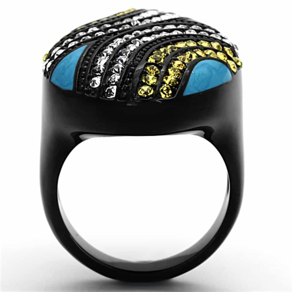 Stainless Steel Black Blue Turquoise Crystal Stripe Wave Ring view 7