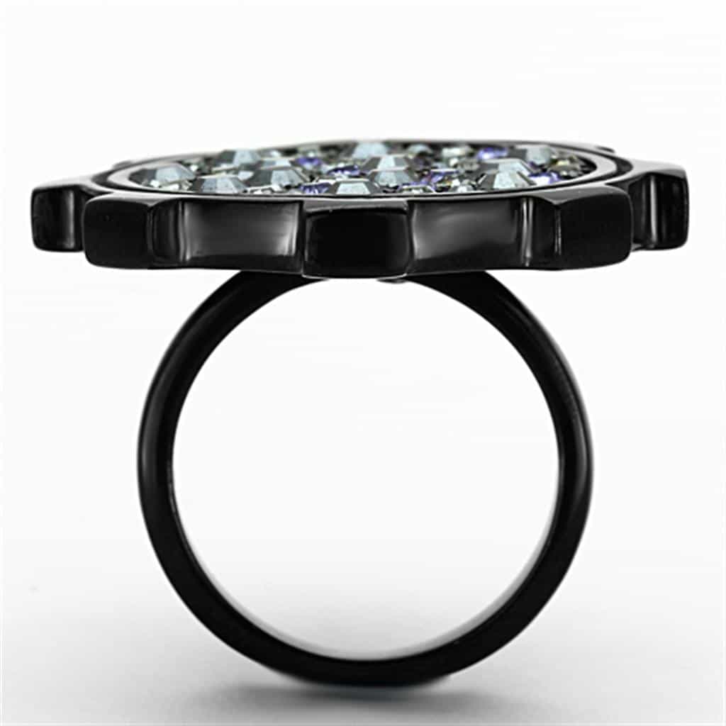 Stainless Steel Black IP Purple Crystal Pave Gear Dome Ring view 7