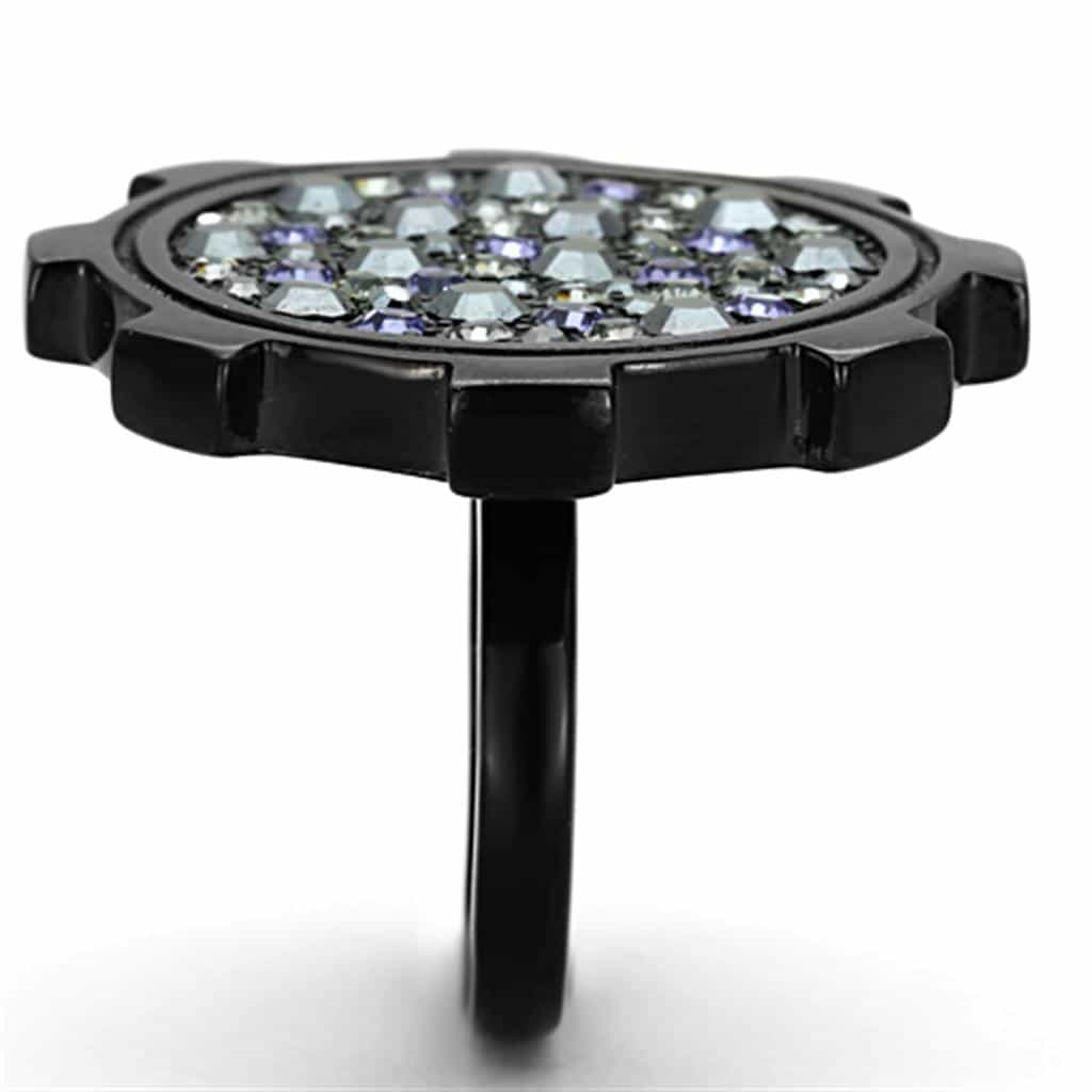 Stainless Steel Black IP Purple Crystal Pave Gear Dome Ring view 4