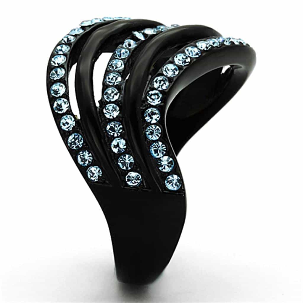 Stainless Steel Black IP Blue Crystal Triple Wave Ring view 8