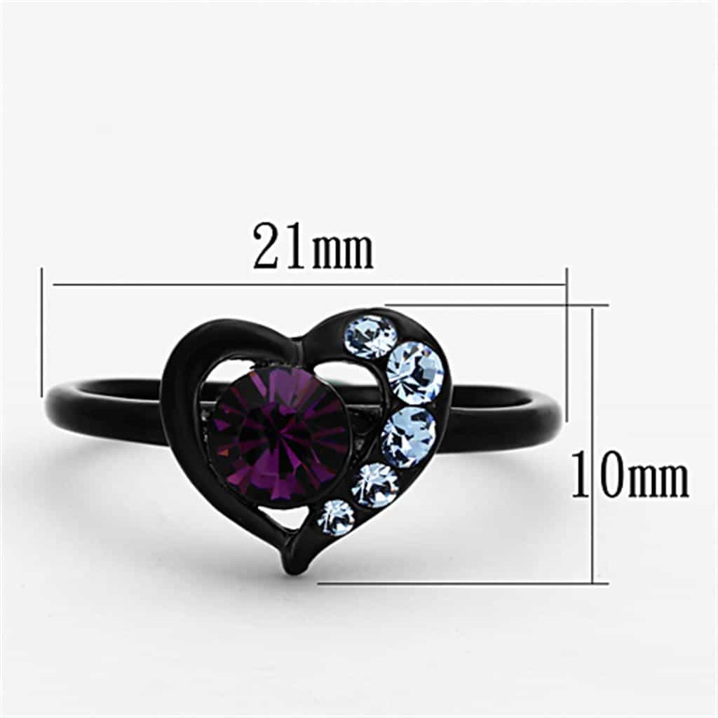 Stainless Steel Black IP Purple Round Crystal Heart Halo Ring view 6