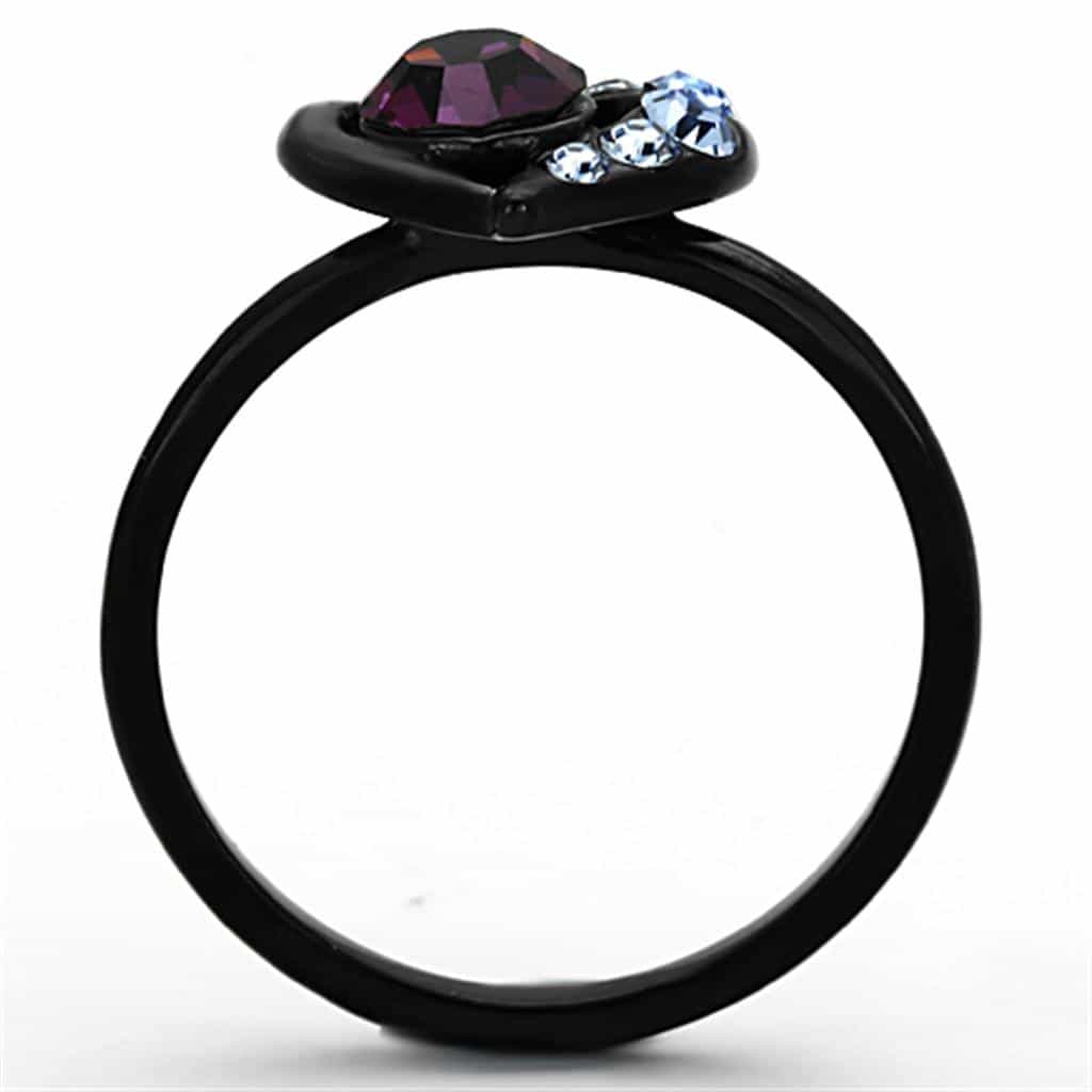 Stainless Steel Black IP Purple Round Crystal Heart Halo Ring view 7
