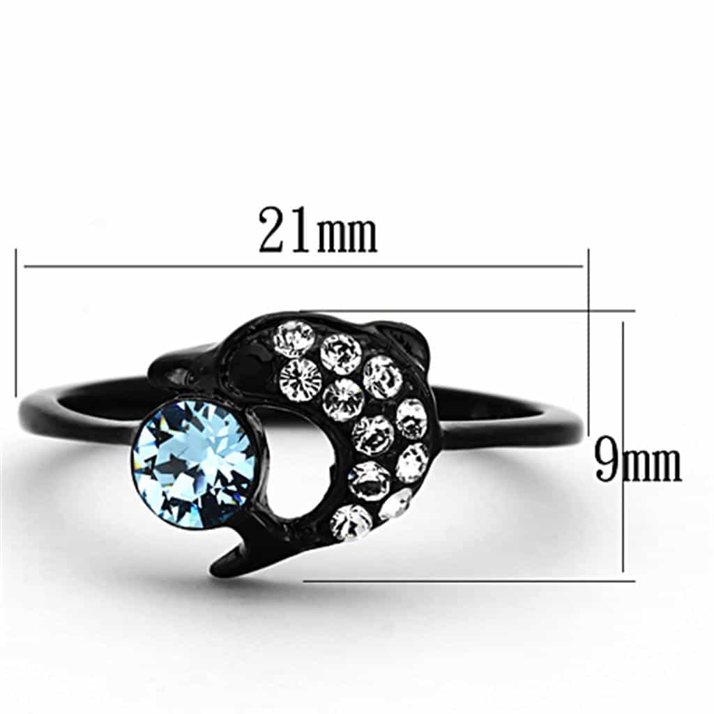 Stainless Steel Black IP Aqua Blue Round Crystal Swirl Ring view 6