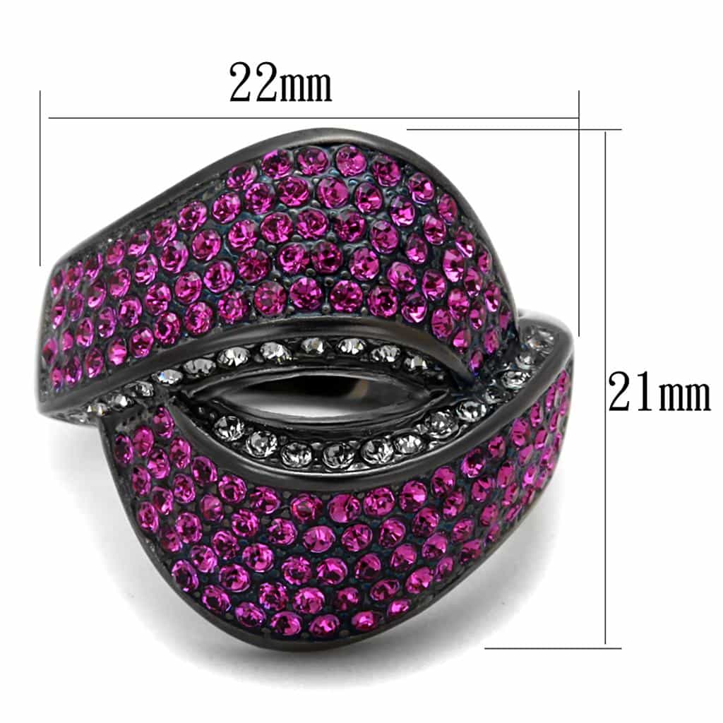 Stainless Steel Black IP Fuchsia Crystal Pave Crossover Dome Ring view 6