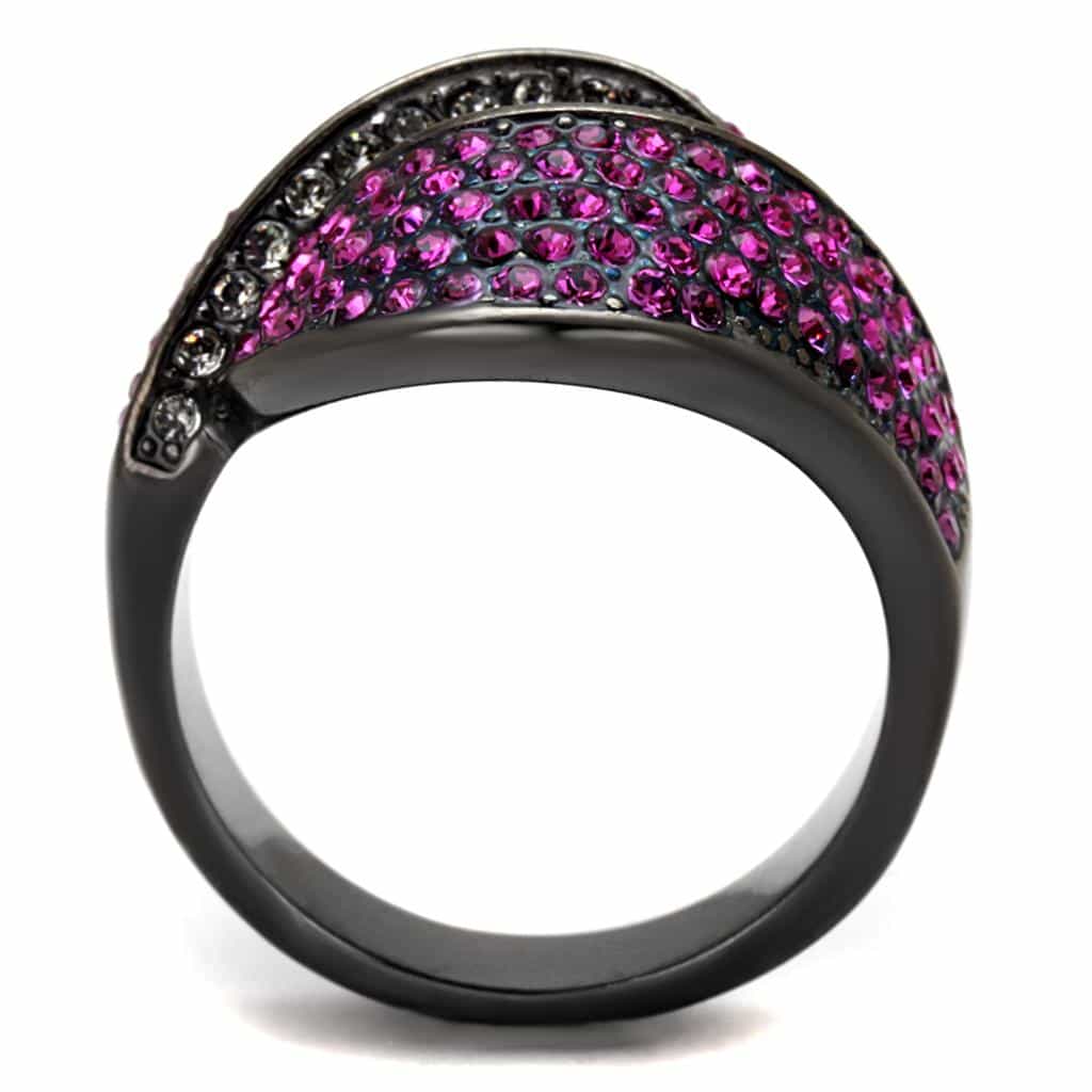 Stainless Steel Black IP Fuchsia Crystal Pave Crossover Dome Ring view 7