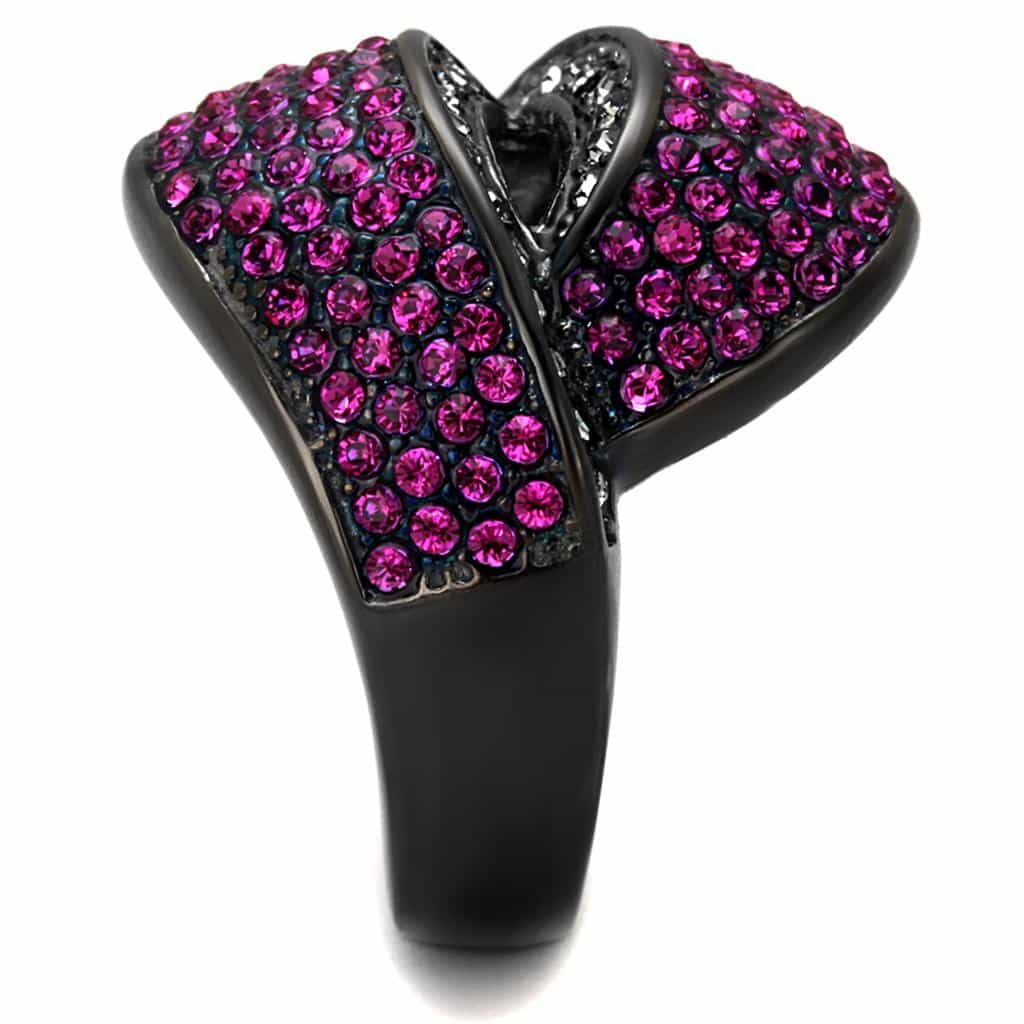 Stainless Steel Black IP Fuchsia Crystal Pave Crossover Dome Ring view 8