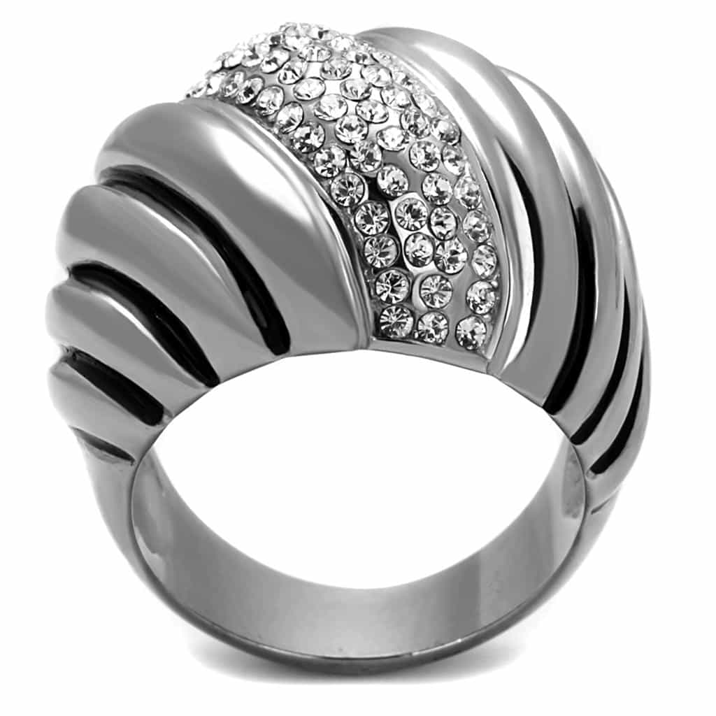 Stainless Steel CZ Pave Ribbed Stripe Dome Ring view 7