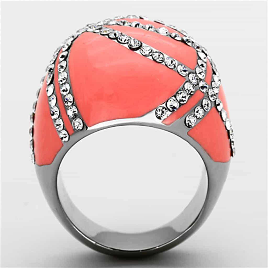 Stainless Steel Coral Enamel CZ Wave Dome Ring view 7