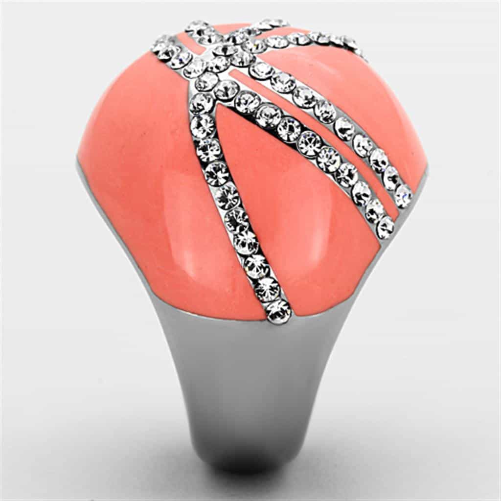 Stainless Steel Coral Enamel CZ Wave Dome Ring view 8