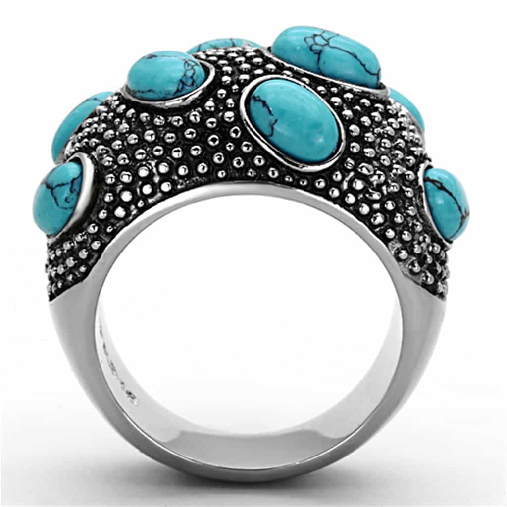 Stainless Steel Turquoise Cabochon Pave Cluster Dome Ring view 7