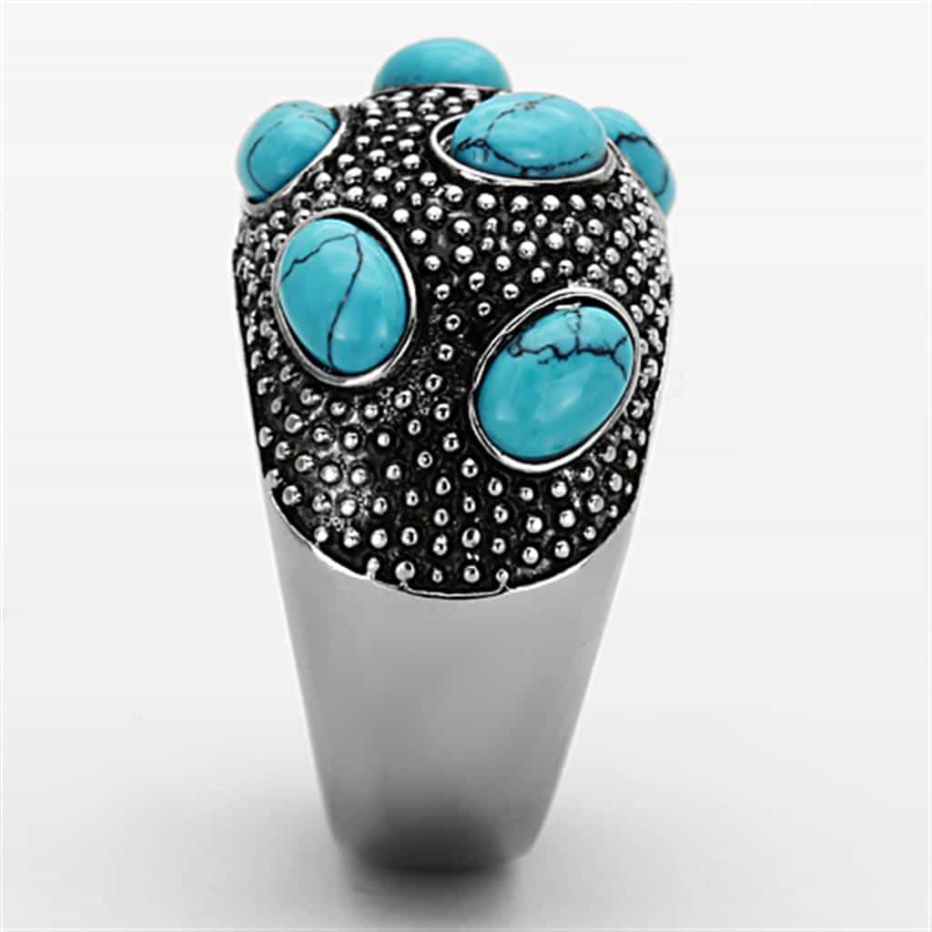 Stainless Steel Turquoise Cabochon Pave Cluster Dome Ring view 8