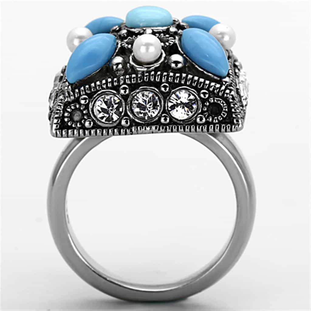 Stainless Steel Turquoise Marquise Pearl CZ Antiqued Ring view 7